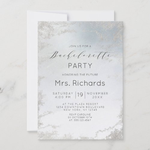 Ombre Dusty Blue Frosted Silver Bachelorette Party Invitation