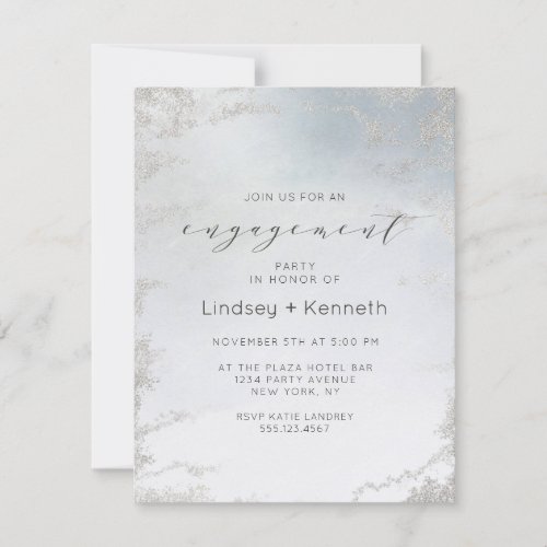 Ombre Dusty Blue Frosted Silver Engagement Party Invitation