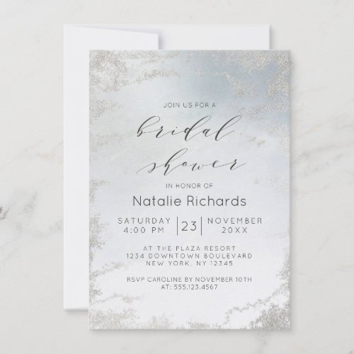 Ombre Dusty Blue Frosted Silver Foil Bridal Shower Invitation