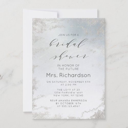 Ombre Dusty Blue Frosted Silver Foil Bridal Shower Invitation