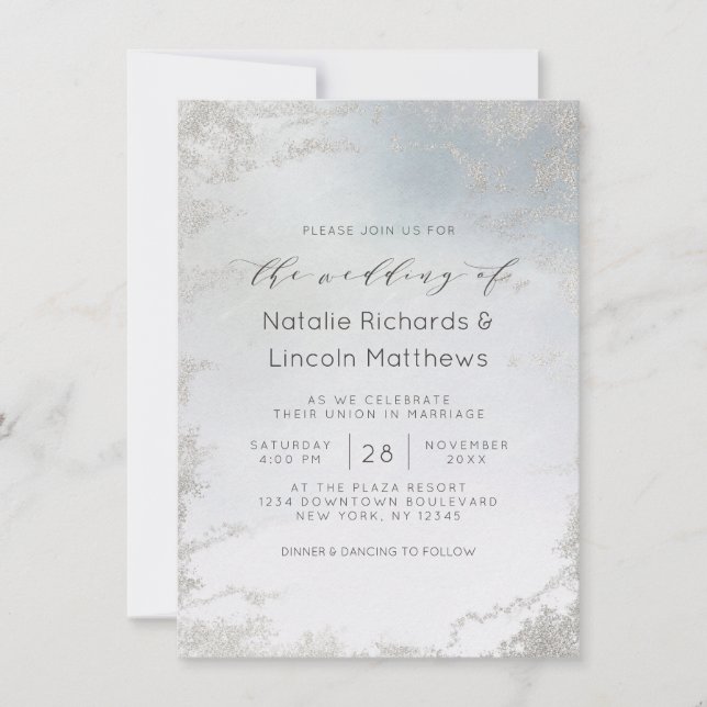 Ombre Dusty Blue Frosted Silver Foil Chic Wedding Invitation (Front)