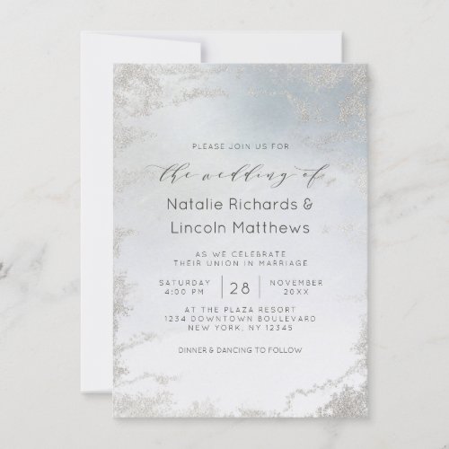 Ombre Dusty Blue Frosted Silver Foil Chic Wedding Invitation