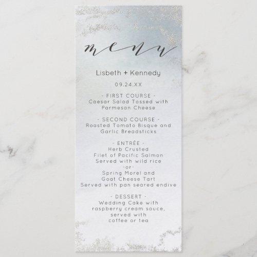 Ombre Dusty Blue Frosted Silver Foil Luxe Dinner Menu