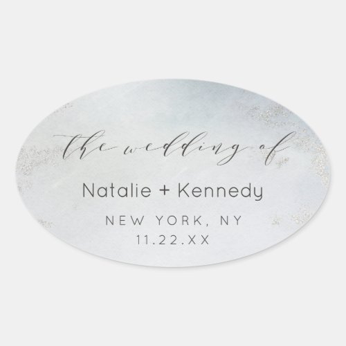 Ombre Dusty Blue Frosted Silver Foil Luxe Wedding Oval Sticker