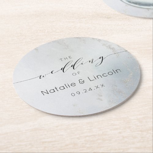 Ombre Dusty Blue Frosted Silver Foil Monogram Round Paper Coaster