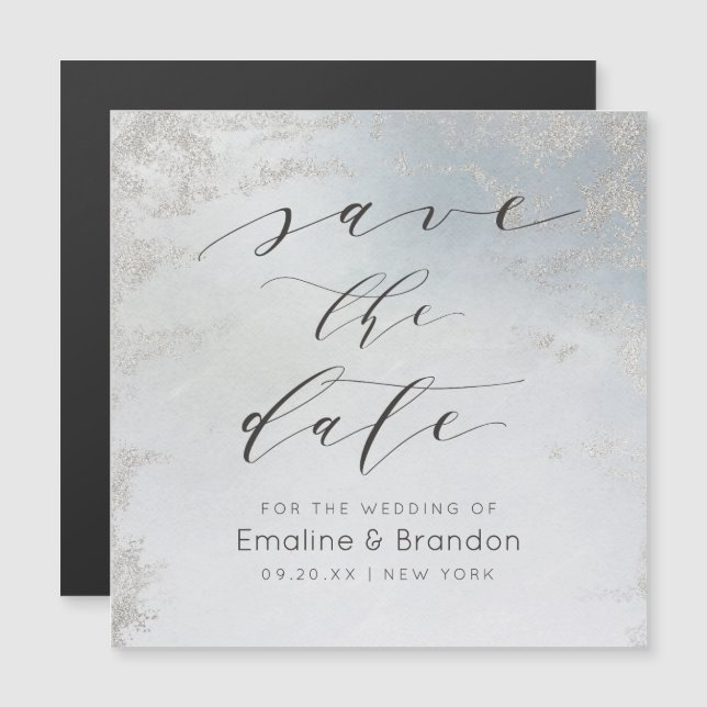 Ombre Dusty Blue Frosted Silver Foil Save the Date (Front/Back)