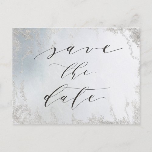 Ombre Dusty Blue Frosted Silver Foil Save the Date Announcement Postcard
