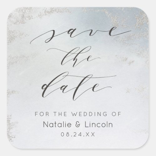Ombre Dusty Blue Frosted Silver Foil Save The Date Square Sticker