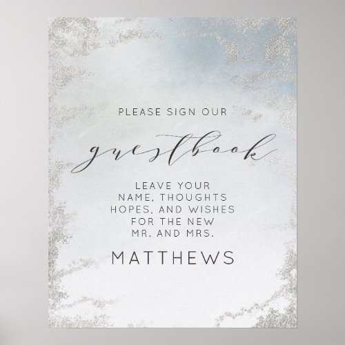 Ombre Dusty Blue Frosted Silver Guestbook Sign