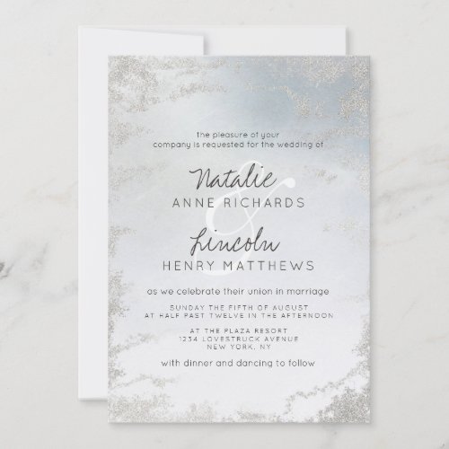 Ombre Dusty Blue Frosted Silver Modern Wedding Invitation