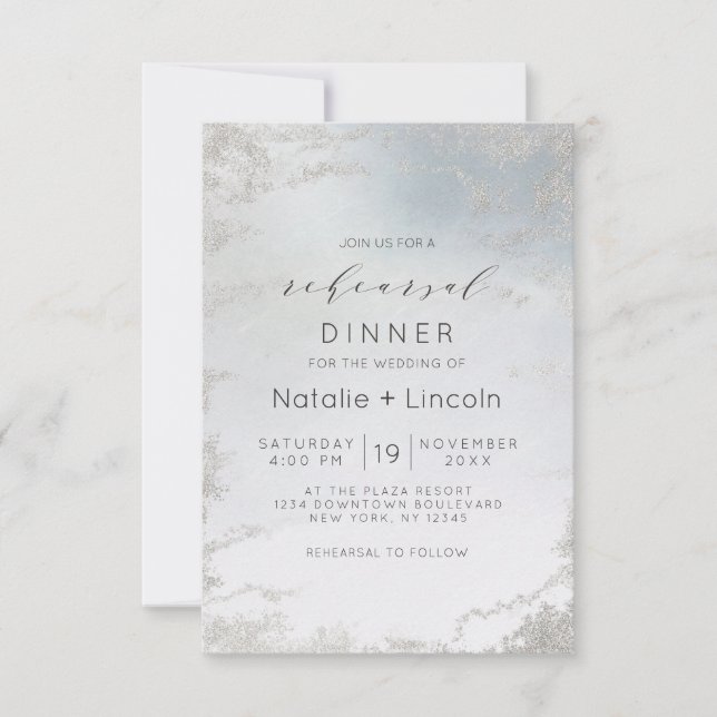 Ombre Dusty Blue Frosted Silver Rehearsal Dinner Invitation (Front)