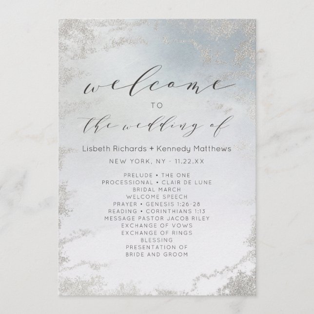 Ombre Dusty Blue Frosted Silver Wedding Ceremony Program (Front)