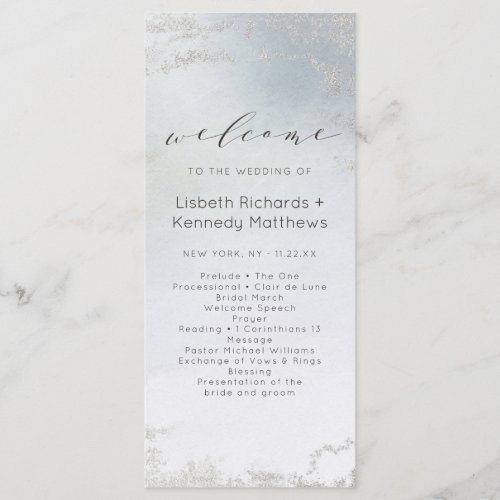 Ombre Dusty Blue Frosted Silver Wedding Ceremony Program