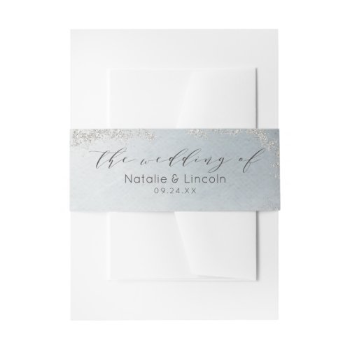 Ombre Dusty Blue Frosted Silver Wedding Monogram Invitation Belly Band
