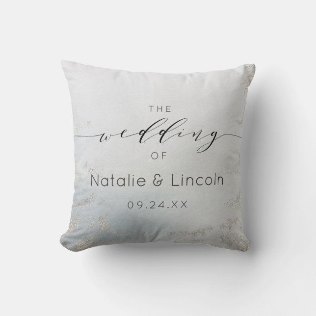 Ombre Dusty Blue Frosted Silver Wedding Monogram Throw Pillow (Front)