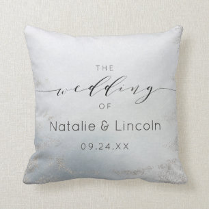 Ombre Dusty Blue Frosted Silver Wedding Monogram Throw Pillow