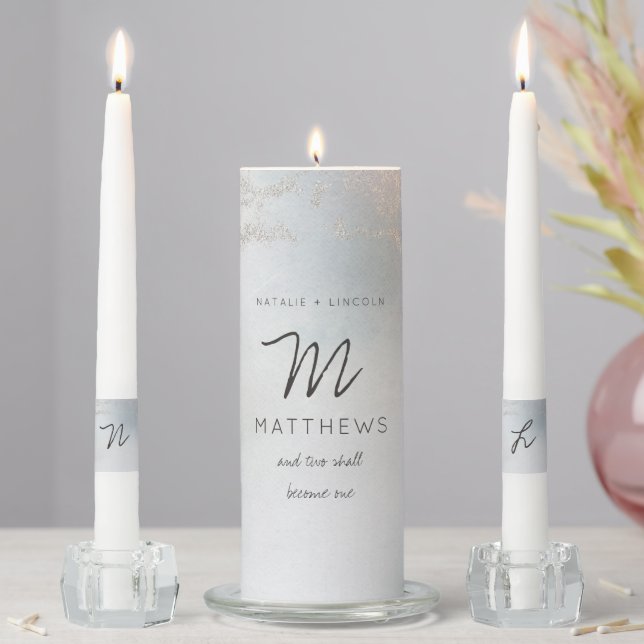 Ombre Dusty Blue Frosted Silver Wedding Monogram Unity Candle Set (In Situ)