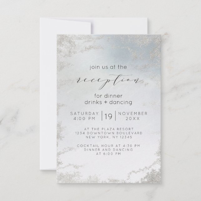 Ombre Dusty Blue Frosted Silver Wedding Reception Invitation (Front)