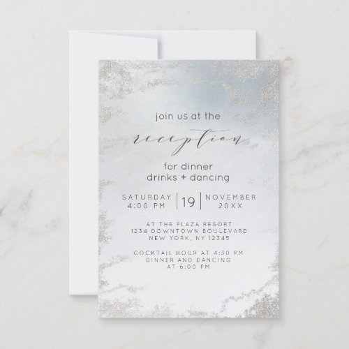 Ombre Dusty Blue Frosted Silver Wedding Reception Invitation