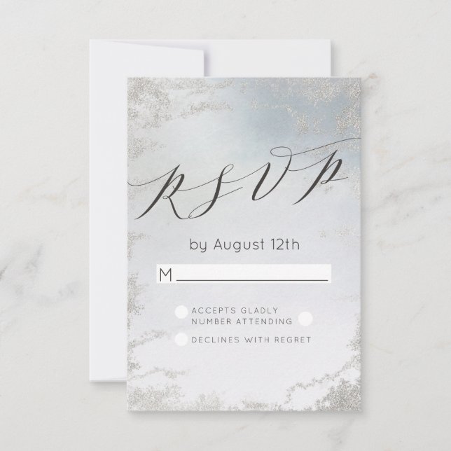 Ombre Dusty Blue Frosted Silver Wedding RSVP Reply (Front)