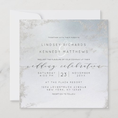 Ombre Dusty Blue Frosted Silver Wedding Square Invitation