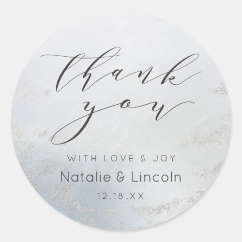 Ombre Dusty Blue Frosted Silver Wedding Thank You Classic Round Sticker