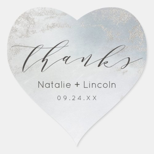 Ombre Dusty Blue Frosted Silver Wedding Thank You Heart Sticker