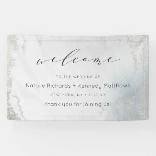 Ombre Dusty Blue Frosted Silver Wedding Welcome Banner