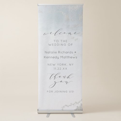 Ombre Dusty Blue Frosted Silver Wedding Welcome Retractable Banner