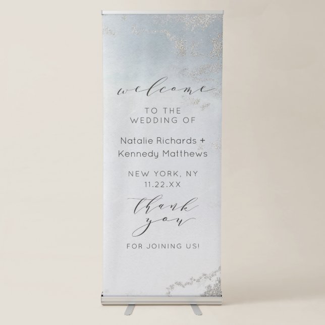 Ombre Dusty Blue Frosted Silver Wedding Welcome Retractable Banner (Front)