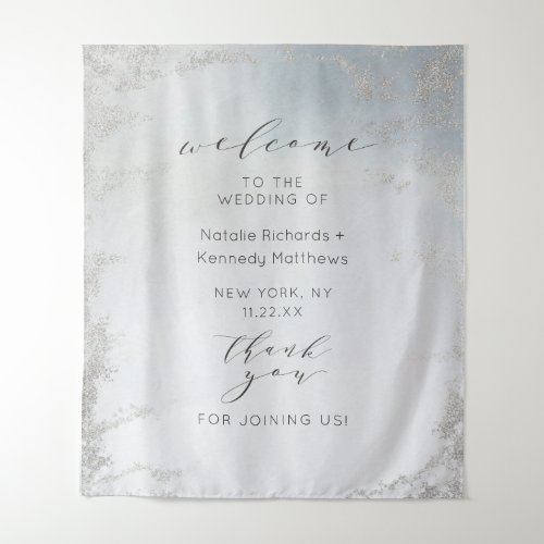 Ombre Dusty Blue Frosted Silver Wedding Welcome Tapestry