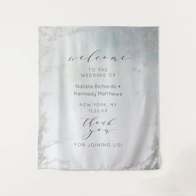 Ombre Dusty Blue Frosted Silver Wedding Welcome Tapestry (Front)