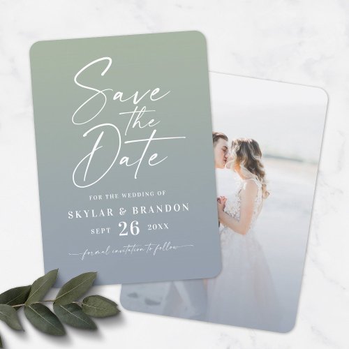 Ombre Dusty Blue  Green with Script Photo Wedding Save The Date