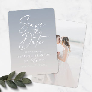 Ombre Dusty Blue & Ivory with Script Photo Wedding Save The Date