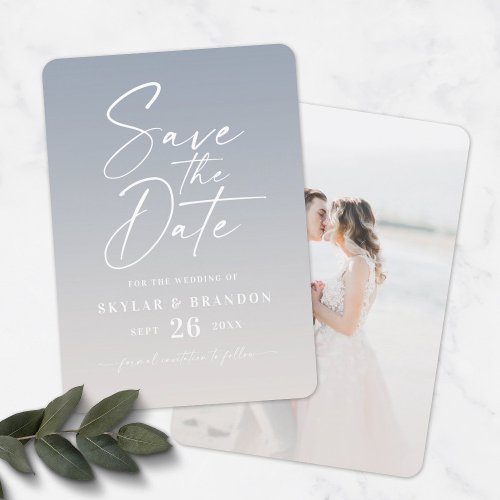 Ombre Dusty Blue  Ivory with Script Photo Wedding Save The Date