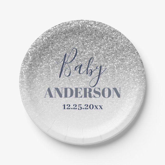 Ombre Faux Glitter Silver & Blue Boy Baby Shower Paper Plates (Front)