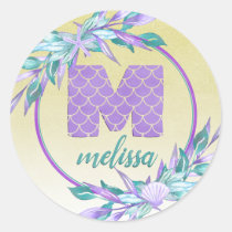 Ombre Floral Watercolor Mermaid Scales Monogram Classic Round Sticker