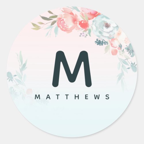 Ombre French Garden Floral Peony Monogram Wedding Classic Round Sticker