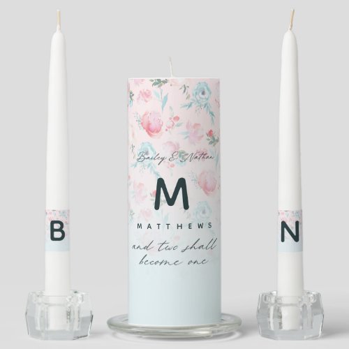 Ombre French Garden Floral Peony Wedding Monogram Unity Candle Set