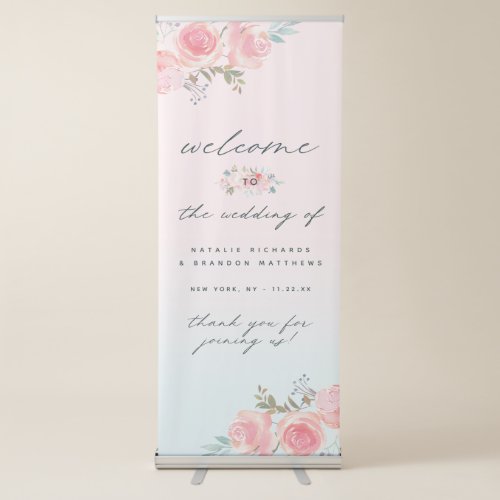 Ombre French Garden Floral Peony Wedding Welcome Retractable Banner