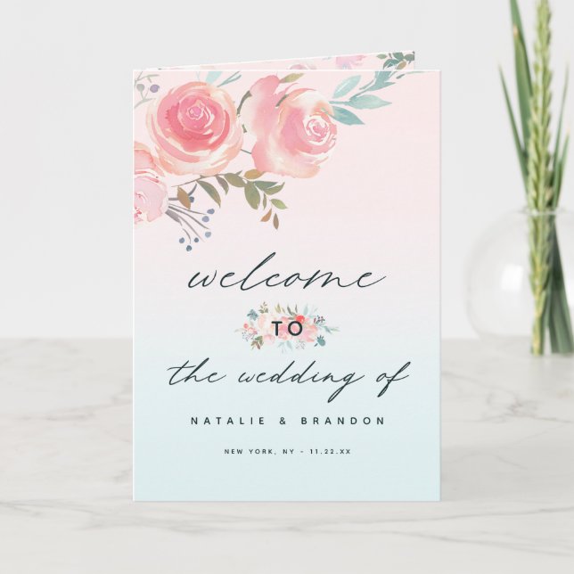 Ombre French Garden Pink Peony Wedding Ceremony Program (Front)