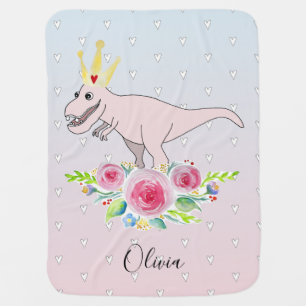Ombre Girls T-Rex Princess Dinosaur Flowers & Name Swaddle Blanket