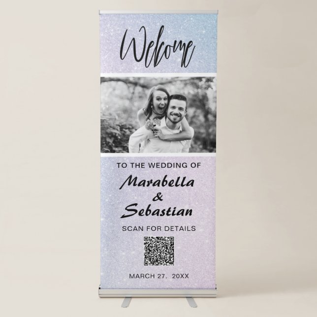 *~* Ombre Glitter Blue Pink QR Wedding Welcome Retractable Banner (Front)