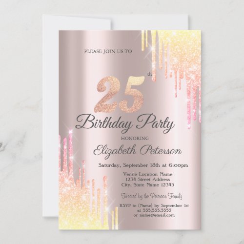 Ombre Glitter Drips 25th Birthday Party Invitation