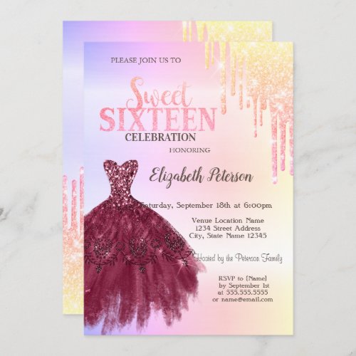 Ombre Glitter DripsBurgundy Dress Sweet 16 Invitation