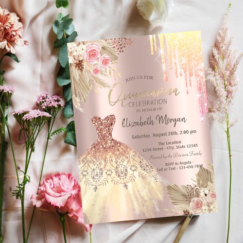  Ombre Glitter Drips Dress Flowers Quinceaera Invitation