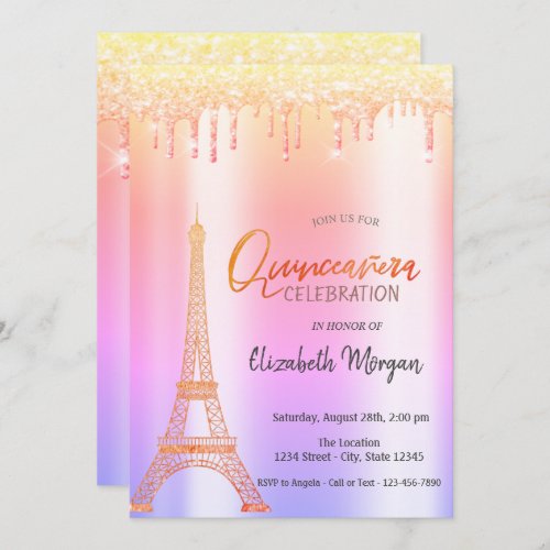 Ombre Glitter DripsEiffel Tower Quinceaera Invitation