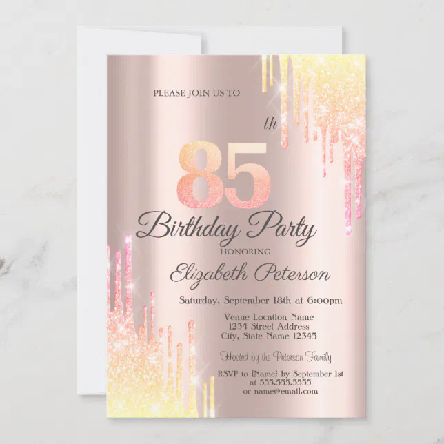 Ombre Glitter Drips Rose Gold 85th Birthday Party Invitation | Zazzle