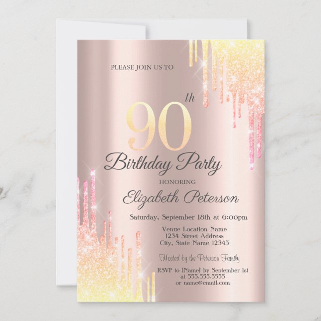 Ombre Glitter Drips Rose Gold 90th Birthday Party Invitation (Front)
