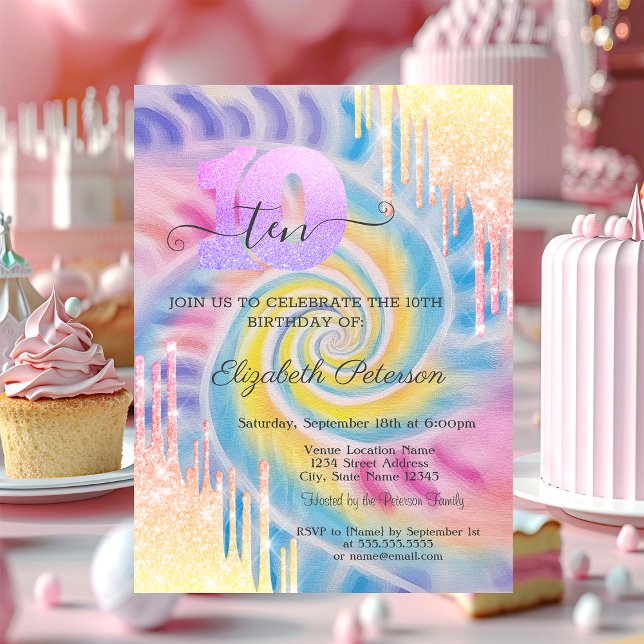 Ombre Glitter Drips Tie Dye 10th Birthday  Invitation (Creator Uploaded)